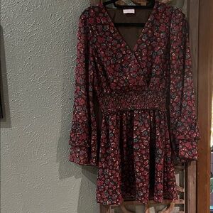 Pink Lily Wine Floral Wrap-Style Long Sleeve Mini Dress